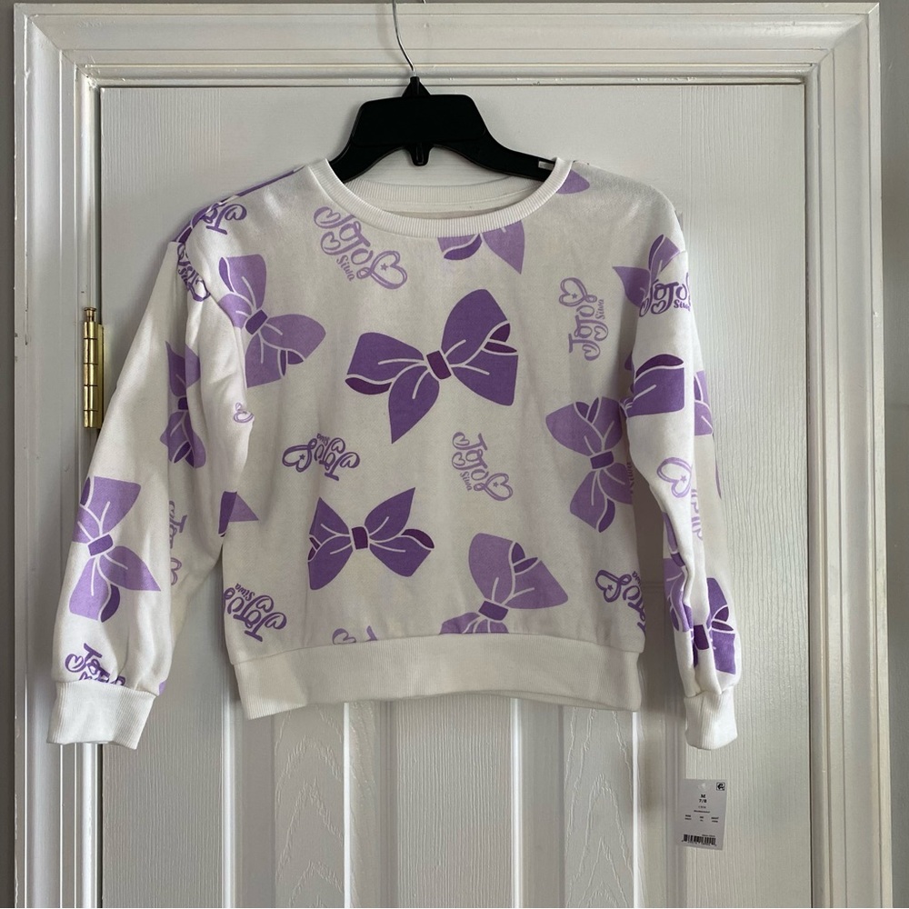 Girls Nickelodeon JoJo Siwa Crewneck Sweatshirt White Purple Bows Medium 7/8 NWT